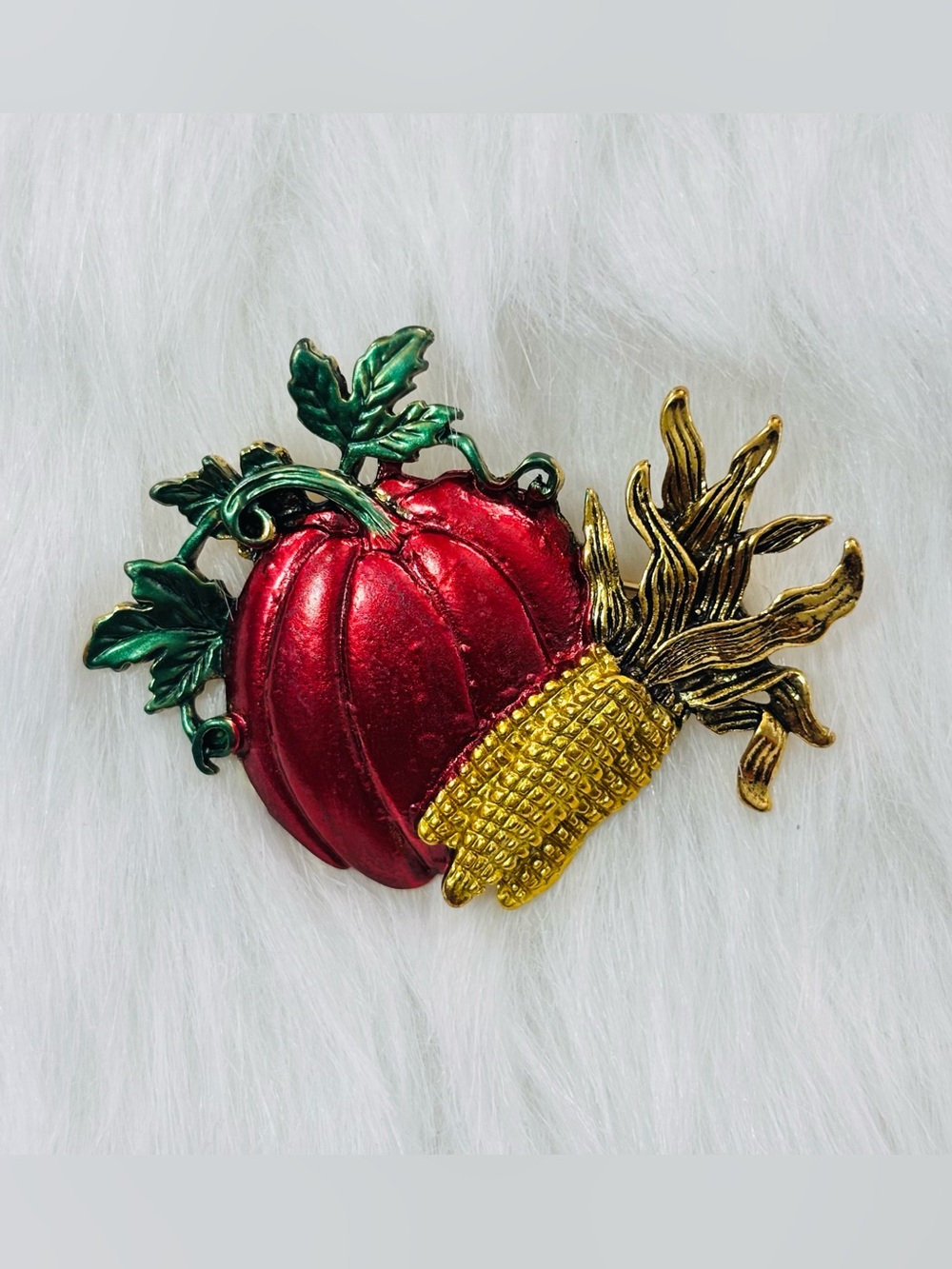 Pumpkin & Corn Harvest Brooch Fall Thanksgiving Gold Tone Pin